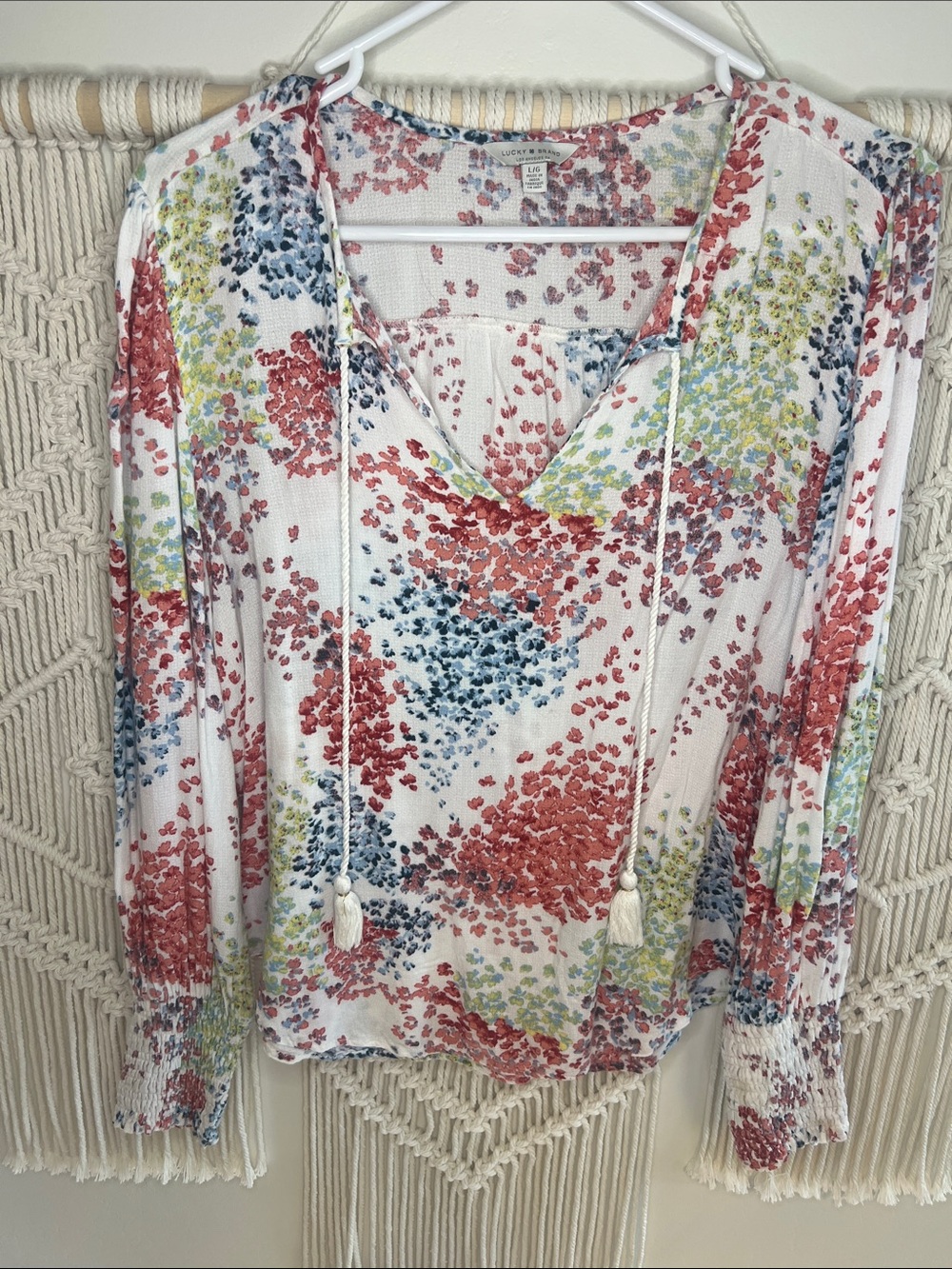 Lucky Brand White Floral Tie-Front Tunic with Tassels
